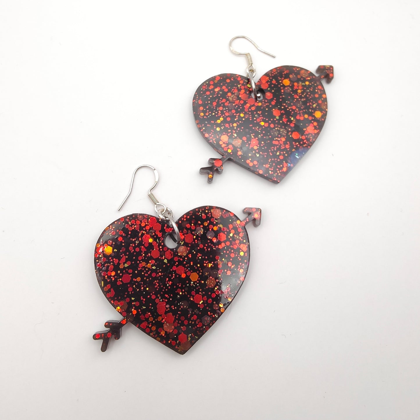 Heart (Large) Earrings - Cupid Black / Red Sparkles