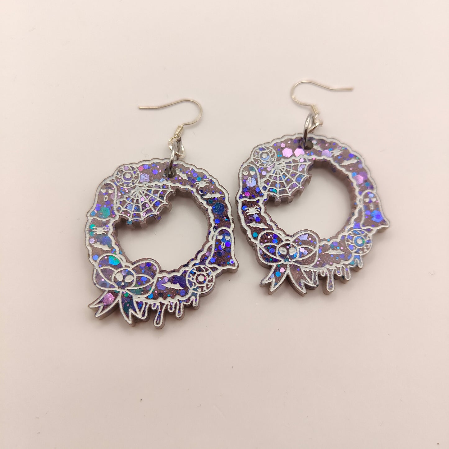 Halloween Christmas Wreath Earrings - Purple / Blue Sparkle