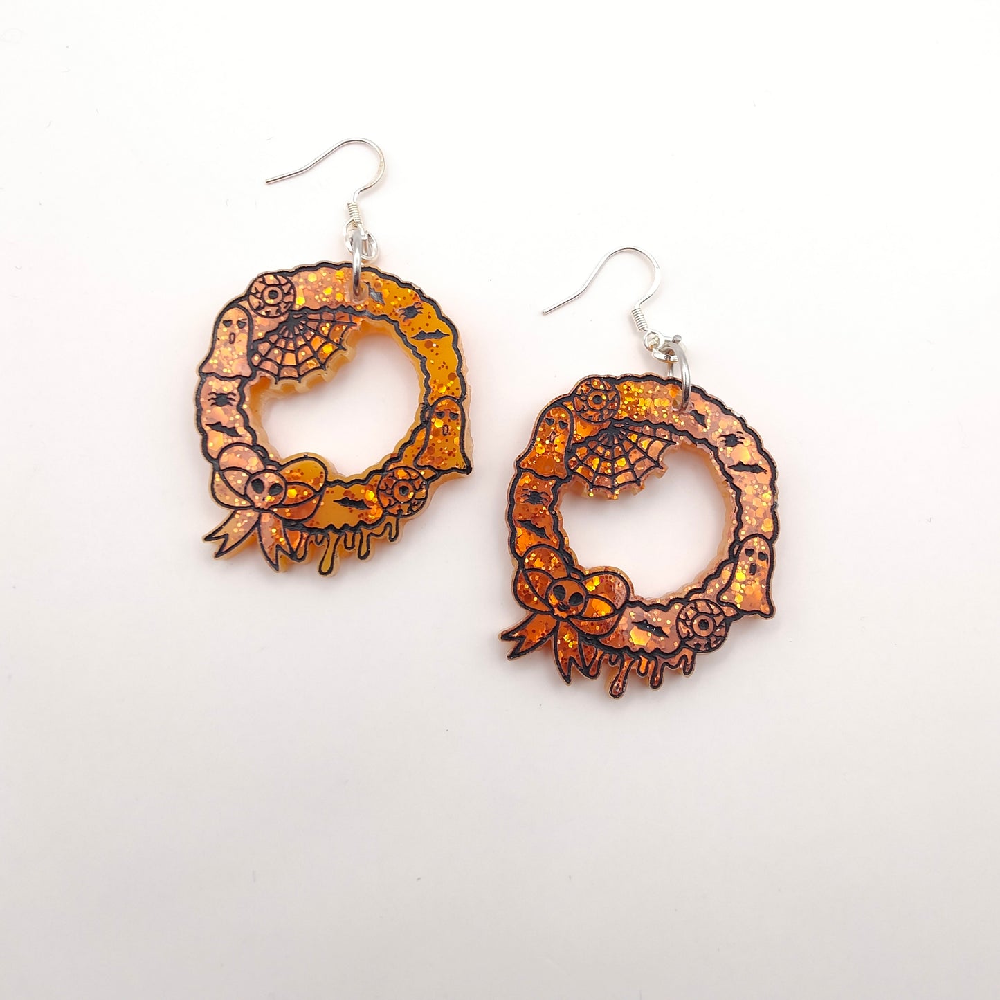 Halloween Christmas Wreath Earrings - Orange Sparkle