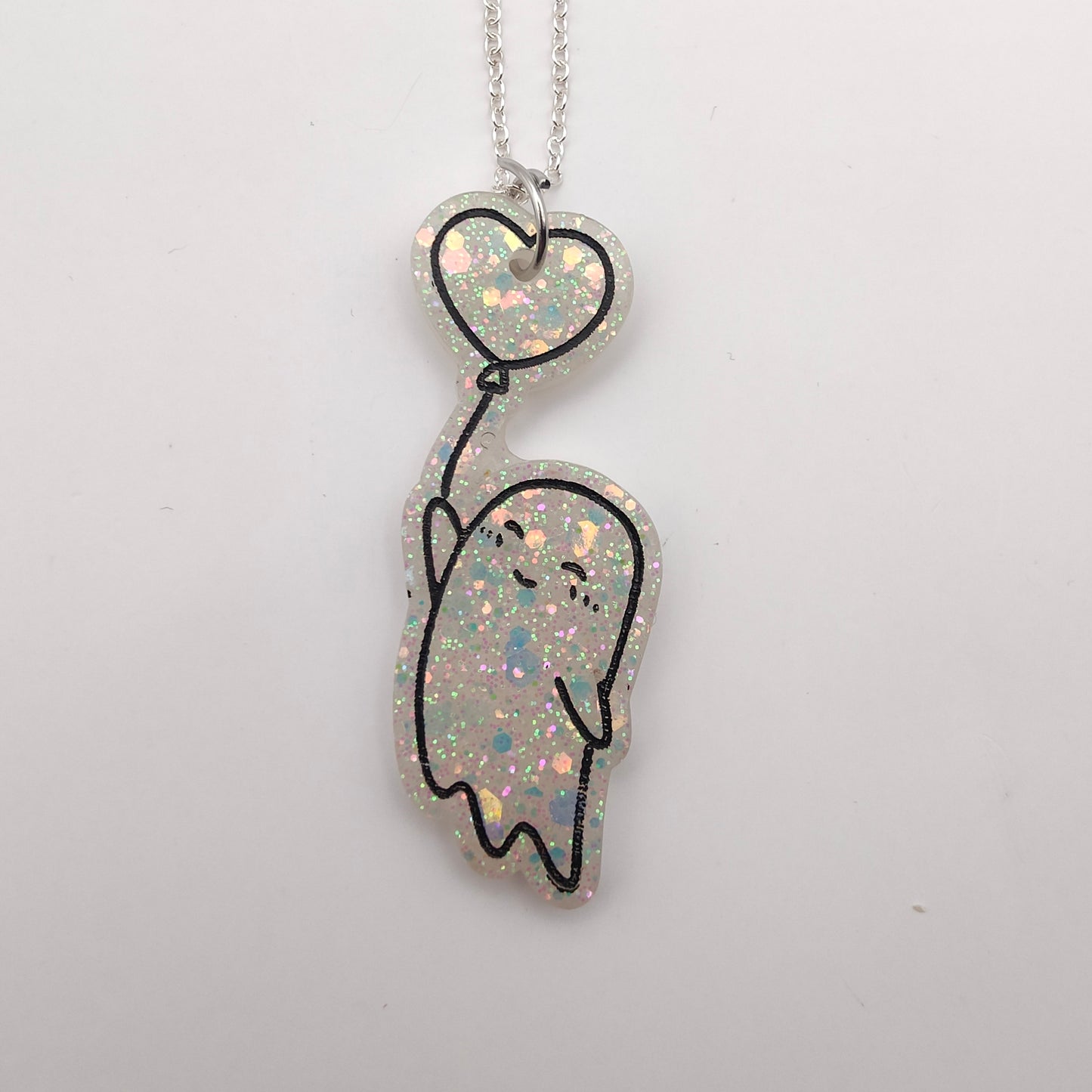 Ghost with Heart Balloon Necklace - White Sparkle