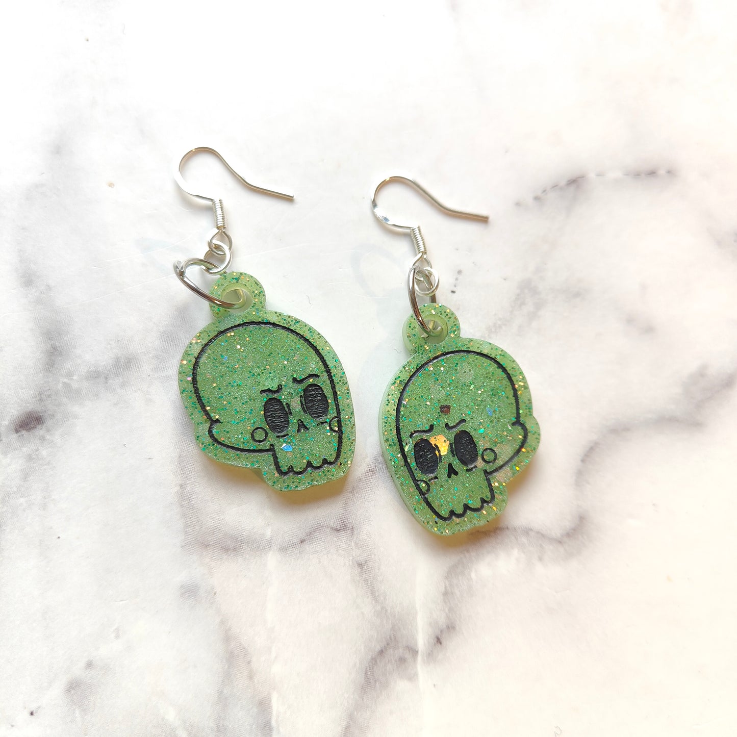 Skull Earrings - Light Green Sparkles
