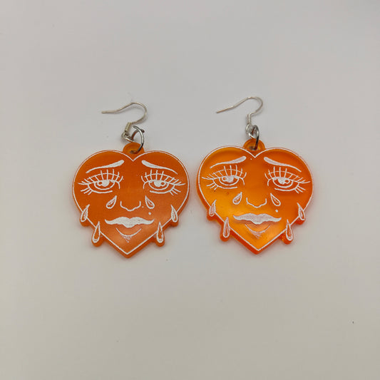 Crying Heart Tattoo Earrings - Orange