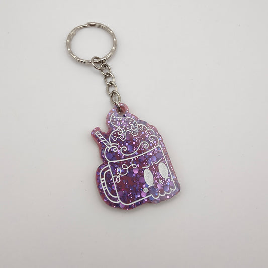 Hot Chocolate Mug Keyring - Purple Blue Sparkle Right