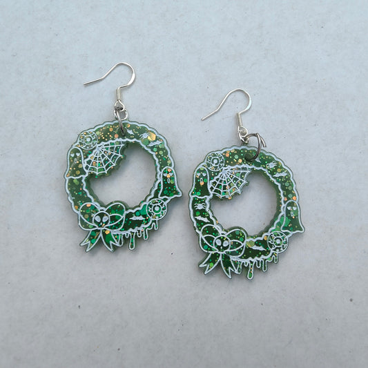Halloween Christmas Wreath Earrings - Green Sparkle