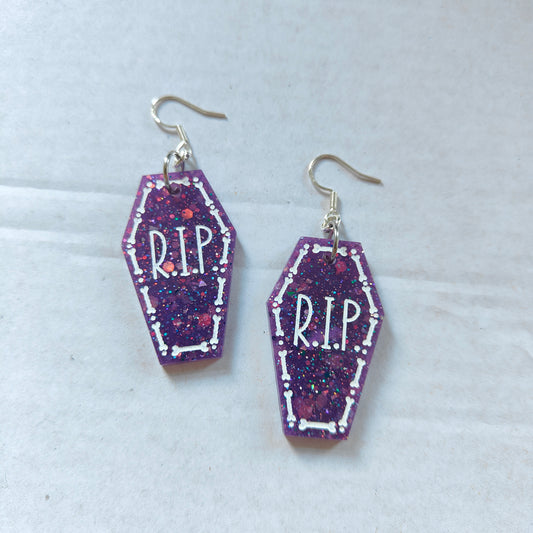 Coffin RIP Earrings - Purple