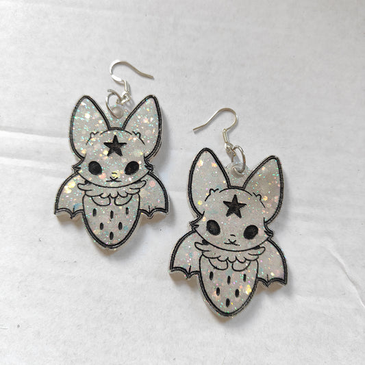 Bats in Strawberries Earrings - White Sparkles