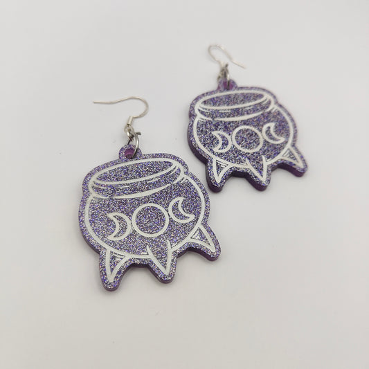 Witch’s Cauldron Earrings - Purple Glitter