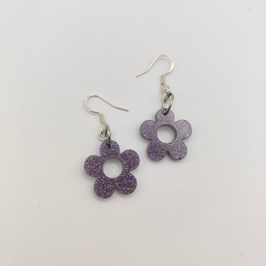 Flower Earrings - Purple Glitter