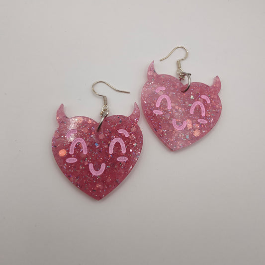 Heart Devil Earrings - Dark Pink