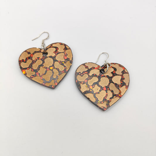 Heart (Large) Earrings - Black Orange Leopard Print