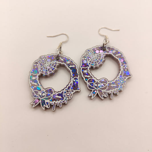 Halloween Christmas Wreath Earrings - Purple / Blue Sparkle