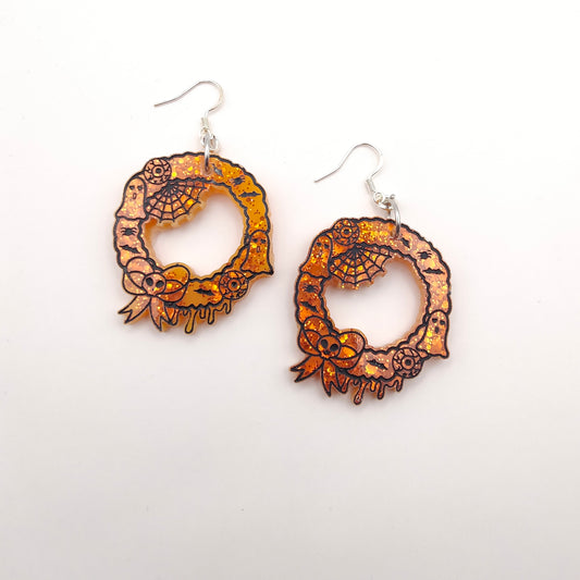 Halloween Christmas Wreath Earrings - Orange Sparkle