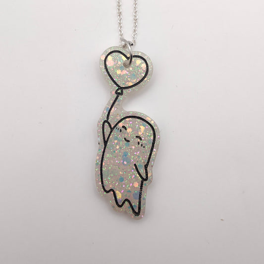 Ghost with Heart Balloon Necklace - White Sparkle