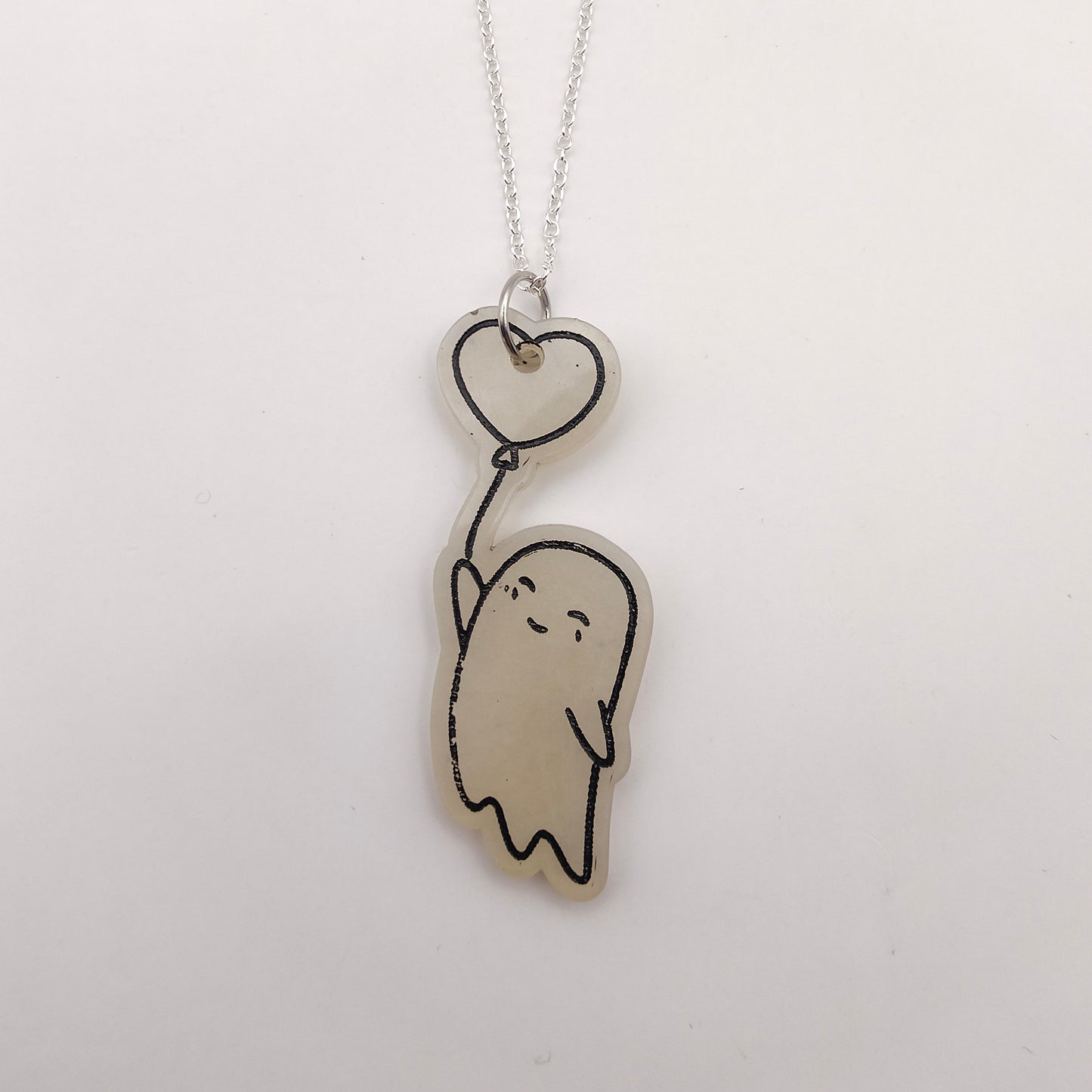 Ghost with Heart Balloon Necklace - White