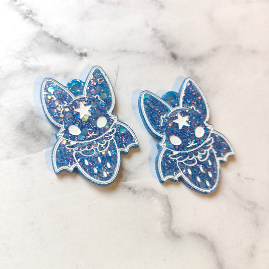 Bats in Strawberries Earrings - Blue Sparkles