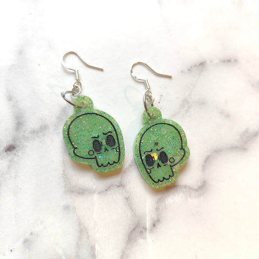 Skull Earrings - Light Green Sparkles