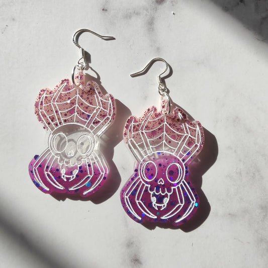 Spider Skull Earrings - Pink/Purple