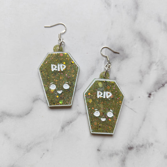 Coffin Kawaii Earrings - Green Sparkles