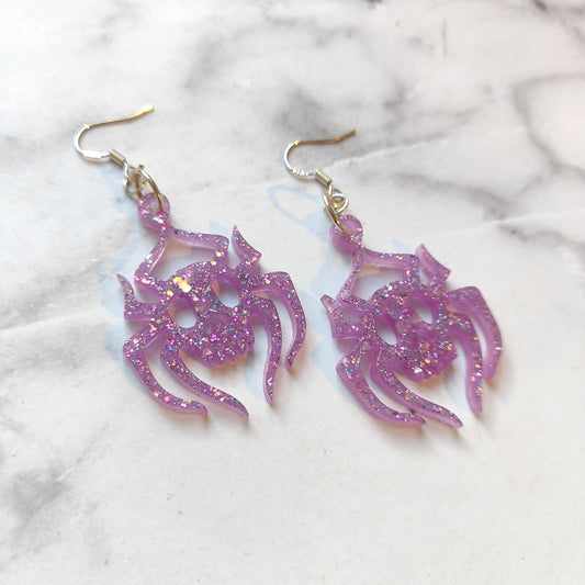 Spider Skull (Large) Earrings - Lilac Sparkle