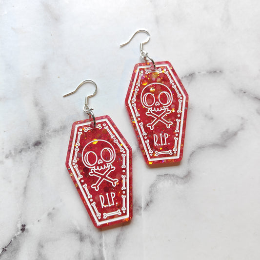 Coffin (Large) Earrings - Red Sparkles