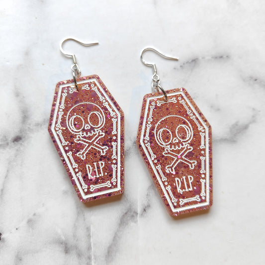 Coffin (Large) Earrings - Pink Sparkles