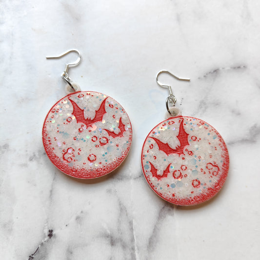 Bat & Moon Earrings - White/Red