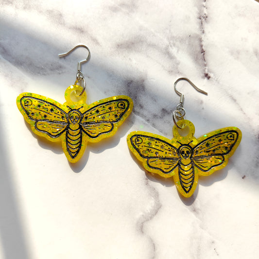 Moth Skull Earrings - Yellow Sparkles