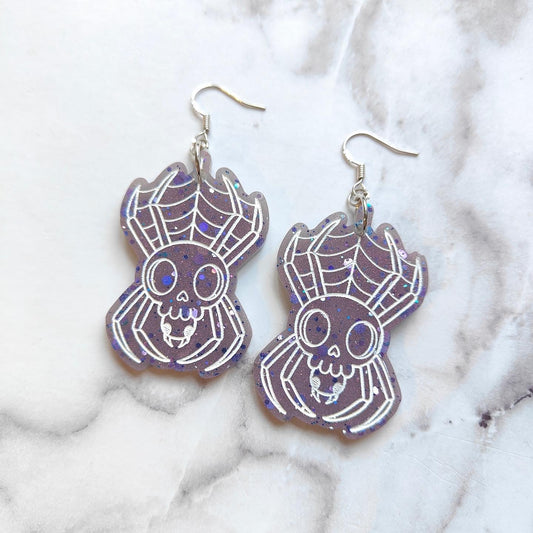 Spider Skull Earrings - Purple Sparkles