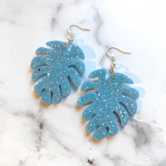 Monstera Leaf (Large) Earring - Blue Glitter