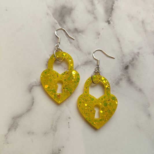 Heart Padlock Earrings - Yellow Sparkles