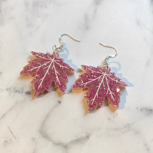 Autumn Leaf Earrings - Pink Sparkles