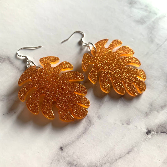 Monstera Leaf (Large) Earring - Orange Glitter