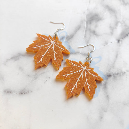 Autumn Leaf Earrings - Orange Glitter