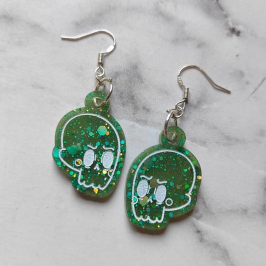 Skull Earrings - Green Sparkles