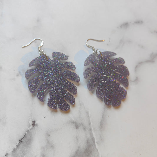 Monstera Leaf (Large) Earring - Purple Glitter