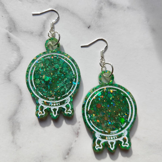 Magical Crystal Ball Earrings - Green Sparkles