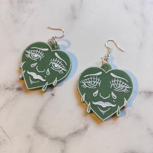 Crying Heart Tattoo Earrings - Green
