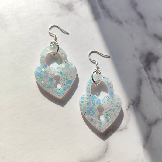 Heart Padlock Earrings - White Sparkles