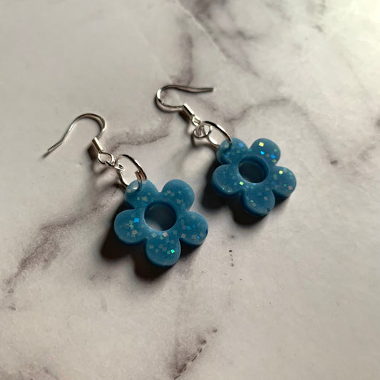 Flower Earrings - Blue Glitter