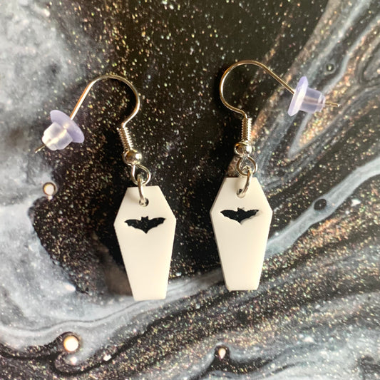 Bat Coffin Earrings - White