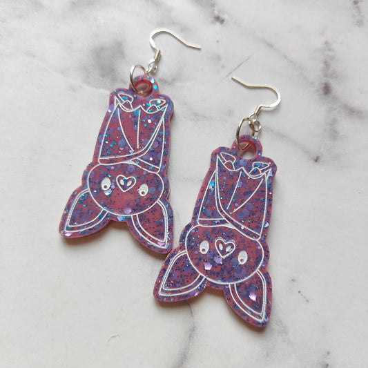 Bat (Upside Down) Earrings - Purple Sparkles